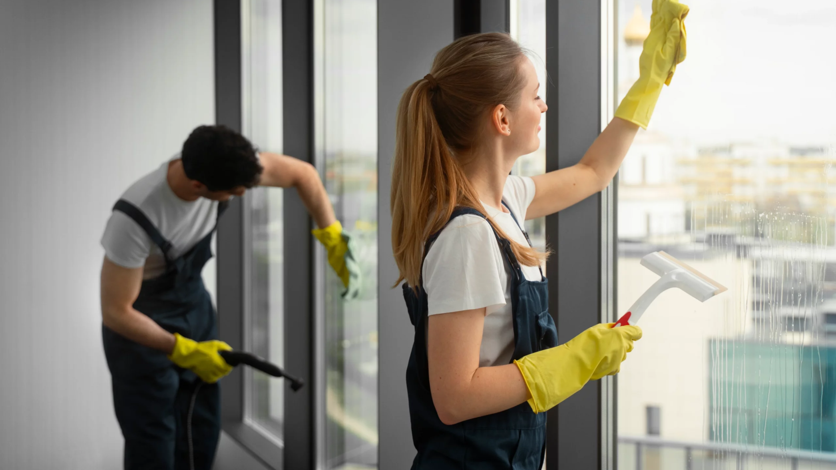 Two cleaners wiping interior windows in a shared building space