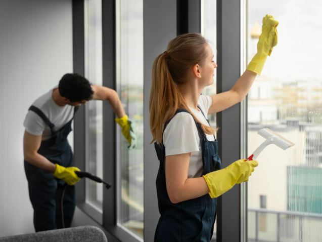 Two cleaners wiping interior windows in a shared building space