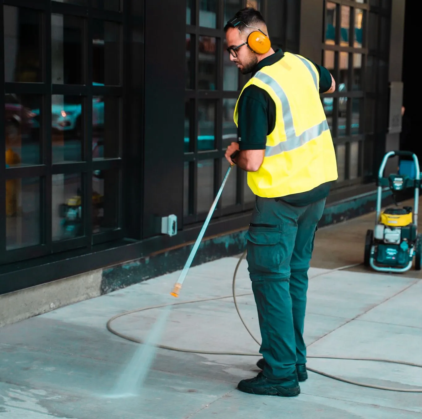 Bex Property Care technician power washing a building exterior in Toronto