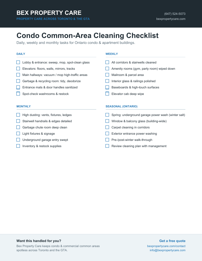 Preview of the one-page condo cleaning checklist with daily, weekly, monthly and seasonal sections